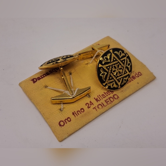 Vintage Men's Cufflinks 24 Karat Fine Gold 70s Spain Star Filigree Black Gold - Picture 3 of 13